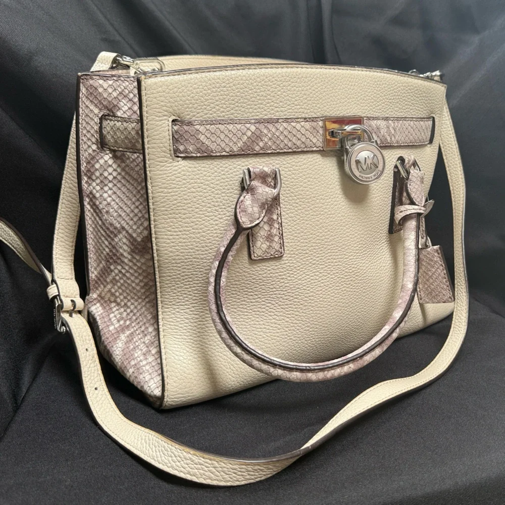 Michael Kors Cream Leather Tote with Snake-Print Trim - Picture 7 of 7